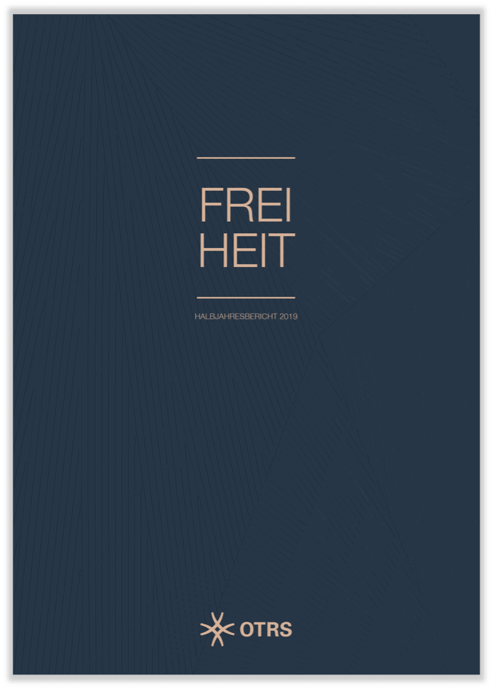 Dark grey cover of half year report 2019 with the word "Freiheit" in the middle